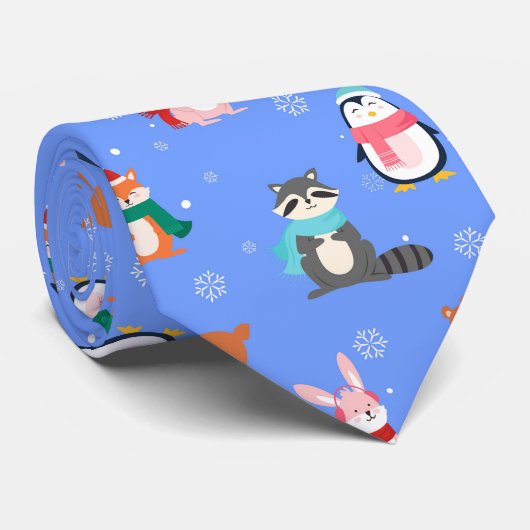 Kerstwinterdieren Penguin Fox Rabbit Beer Stropdas (Opgerold)