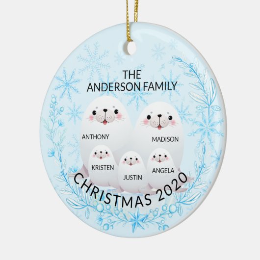 Kerstwinterfamilie van 5 zegels kerstmis keramisch ornament (Links)