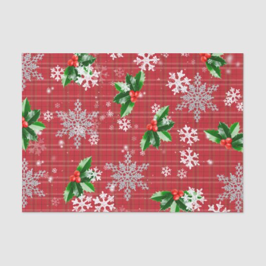 kerstwintergras met sneeuwvlokken op rode speldens tissuepapier (Voorkant)