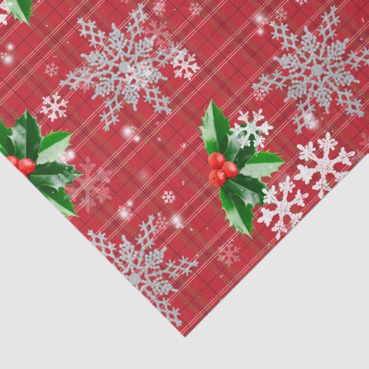 kerstwintergras met sneeuwvlokken op rode speldens tissuepapier (Detail)