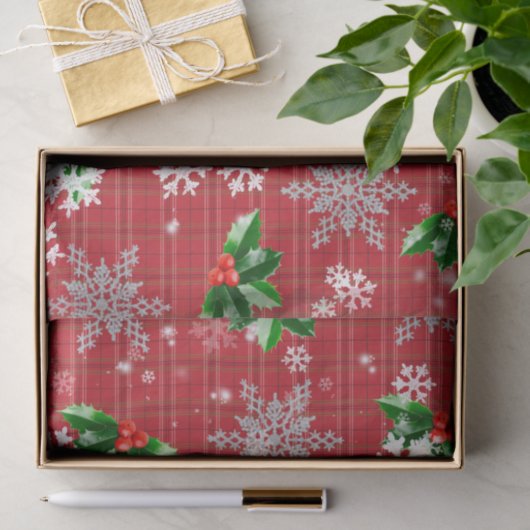 kerstwintergras met sneeuwvlokken op rode speldens tissuepapier (Geschenk)