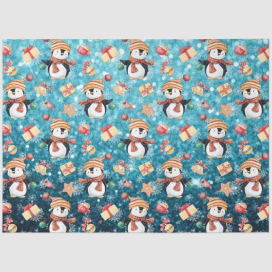 Kerstwinterpinguïns Snowflakes Blue voor kinderen Tissuepapier (Voorkant)