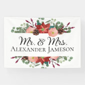 Kerstwinterrood Floral Mr & Mrs Wedding Spandoek (Horizontaal)