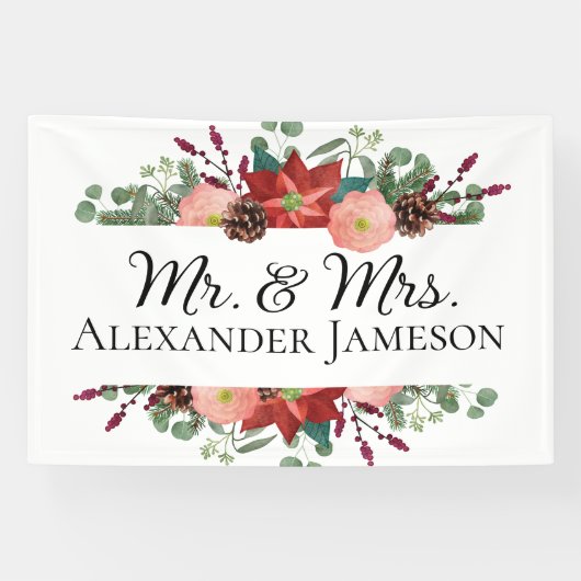 Kerstwinterrood Floral Mr & Mrs Wedding Spandoek (Horizontaal)