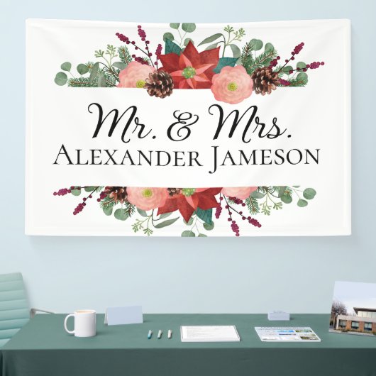 Kerstwinterrood Floral Mr & Mrs Wedding Spandoek (Beurs)