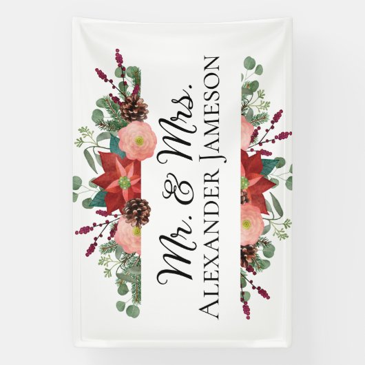 Kerstwinterrood Floral Mr & Mrs Wedding Spandoek (Verticaal)