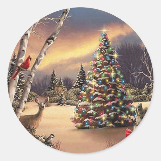 Kerstwinterscène Ronde Sticker (Voorkant)