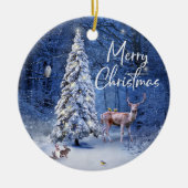 Kerstwintersneeuw bedekt met boomlampjes keramisch ornament (Voorkant)