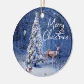 Kerstwintersneeuw bedekt met boomlampjes keramisch ornament (Links)