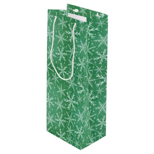 Kerstwintersneeuwvlokken die groen worden wijn cadeautas (Voorkant Gekanteld)