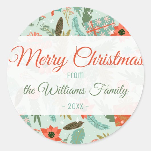 Kerstwinterthema Sage Green Red Poinsettia Ronde Sticker (Voorkant)