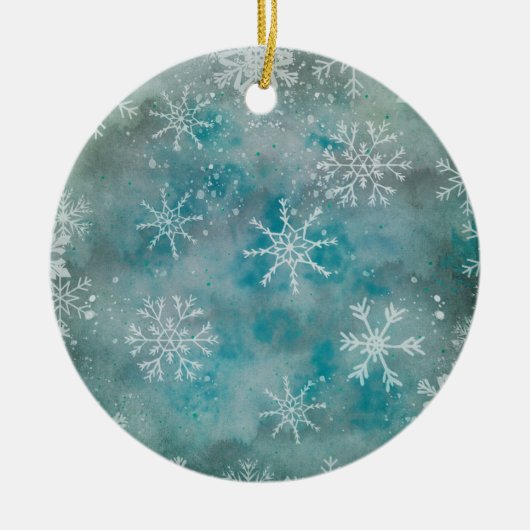 Kerstwinterwitte sneeuwvlokken op blauw keramisch ornament (Voorkant)