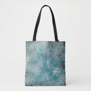 Kerstwinterwitte sneeuwvlokken op blauwe achtergro tote bag