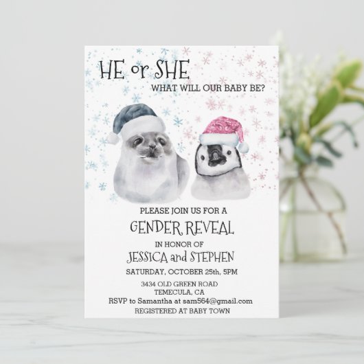 Kerstwinterzegel Penguin Gender onthulling Kaart (Staand voorkant)