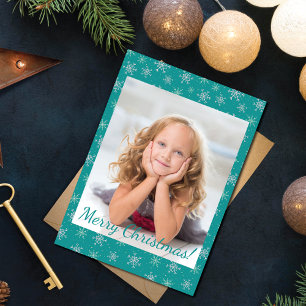 Kerstwit en Aqua Snowflakes op Blauwgroen foto Feestdagenkaart
