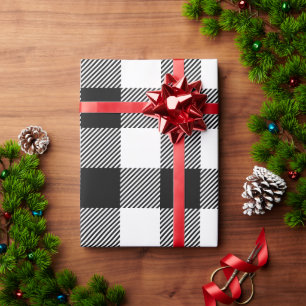 Kerstwit en zwart buffel geruit cadeaupapier