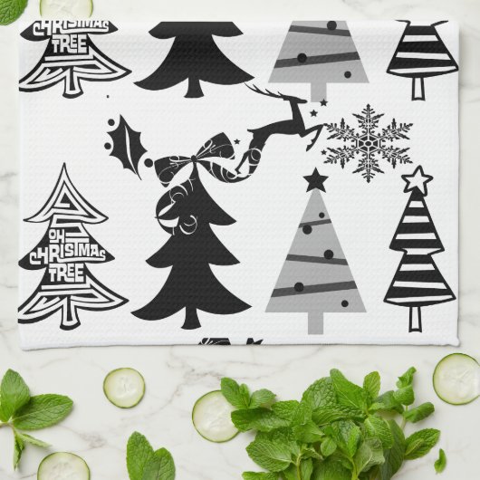 Kerstwit en zwarte bomen keukenhanddoeken (Gevouwen)