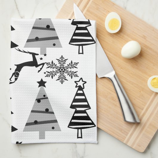 Kerstwit en zwarte bomen keukenhanddoeken (Quarter Fold)