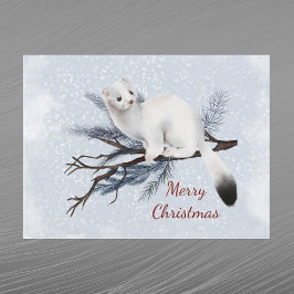 Kerstwit Hermelijn Dennentak Aquarel Feestdagenkaart