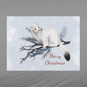 Kerstwit Hermelijn Dennentak Aquarel Feestdagenkaart