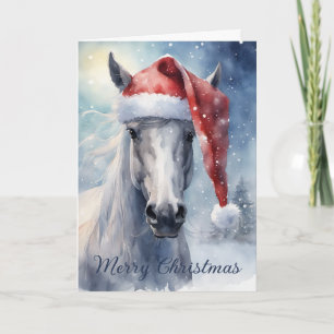 Kerstwit paard met kerstmuts waterverf kaart