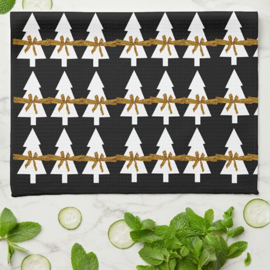 Kerstwitte bomen Bows Kitchen Towels Black Theedoek (Gevouwen)