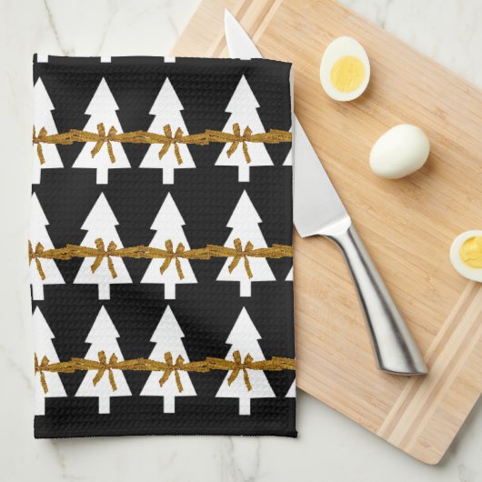 Kerstwitte bomen Bows Kitchen Towels Black Theedoek (Quarter Fold)