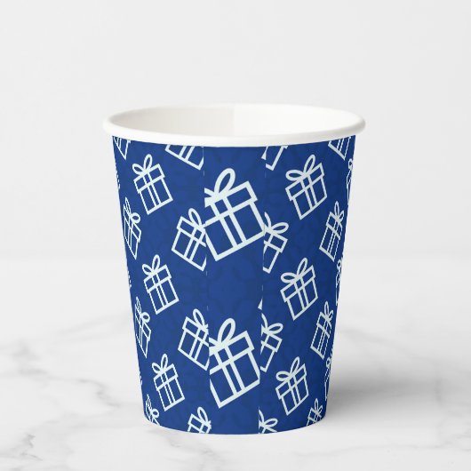 Kerstwitte Cadeaus met blauwe achtergrond Papieren Bekers (Links)