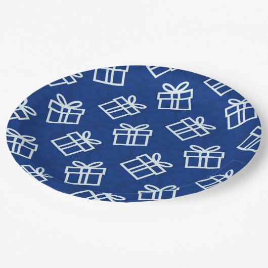 Kerstwitte Cadeaus met blauwe achtergrond Papieren Bordje (Gekanteld)