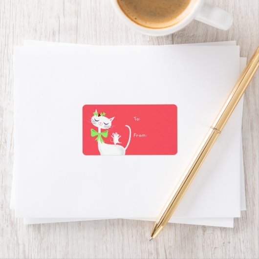 Kerstwitte kat en muis Sticker Gift Label (Insitu)