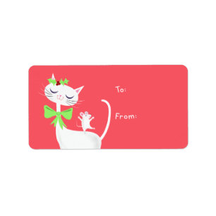 Kerstwitte kat en muis Sticker Gift Label