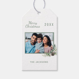 Kerstwitte kegel met foto's cadeaulabel