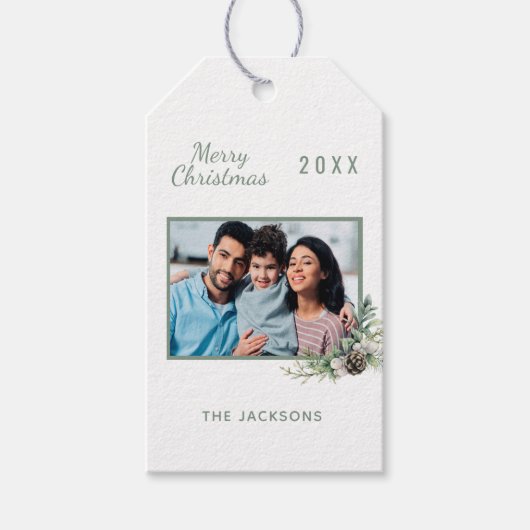 Kerstwitte kegel met foto's cadeaulabel (Voorkant)