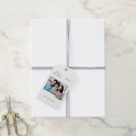 Kerstwitte kegel met foto's cadeaulabel