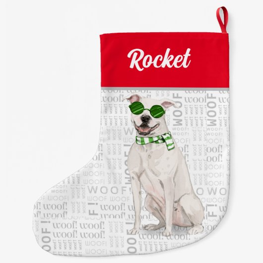 Kerstwitte pit Bull met de naam Dog Grote Kerstsok (Achterkant)