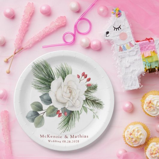 Kerstwitte roze en rode bessen pinbruiloft papieren bordje (Feest)