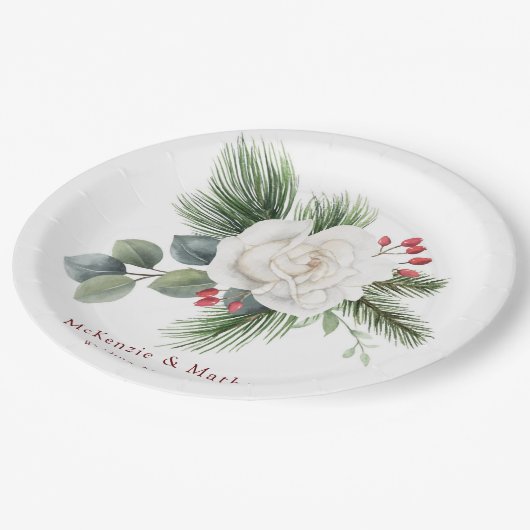 Kerstwitte roze en rode bessen pinbruiloft papieren bordje (Gekanteld)