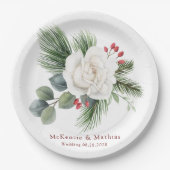 Kerstwitte roze en rode bessen pinbruiloft papieren bordje (Voorkant)