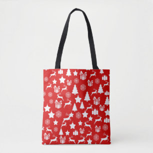 Kerstwitte sneeuwvlok op abstracte rode bakkerij tote bag