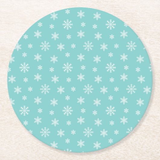 Kerstwitte sneeuwvlokken, turkooi ronde kartonnen onderzetter (Voorkant)