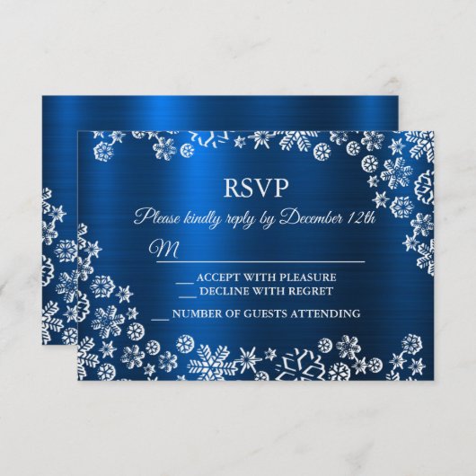 Kerstwitte snowflakes Navy Blue RSVP Kaartje (Voorkant / Achterkant)
