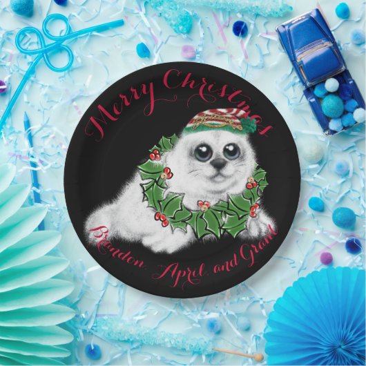 Kerstwitte zeehond pup, feestelijk Arctisch dier Papieren Bordje (Feest)