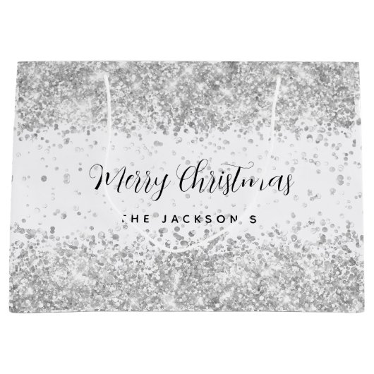 Kerstwitte zilversparren groot cadeauzakje (Voorkant)