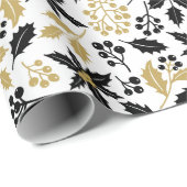 Kerstwitte zwarte goudkleurig Holly Botanical Cadeaupapier (Rol Hoek)