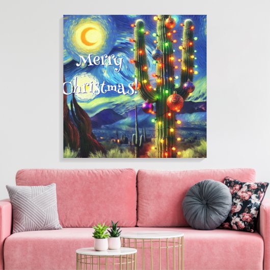 Kerstwoestijn Saguaro Cactus Night Moon Blue Canvas Afdruk (Insitu (Woonkamer))