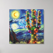 Kerstwoestijn Saguaro Cactus Night Moon Blue Canvas Afdruk (Voorkant)
