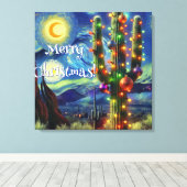 Kerstwoestijn Saguaro Cactus Night Moon Blue Canvas Afdruk (Insitu (Houten vloer))