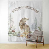 Kerstwolf in besneeuwde bossen vrolijk kerstfeest wandkleed (In situ)