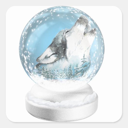 kerstwolf in Winter Snow Wereldbol Vierkante Sticker (Voorkant)