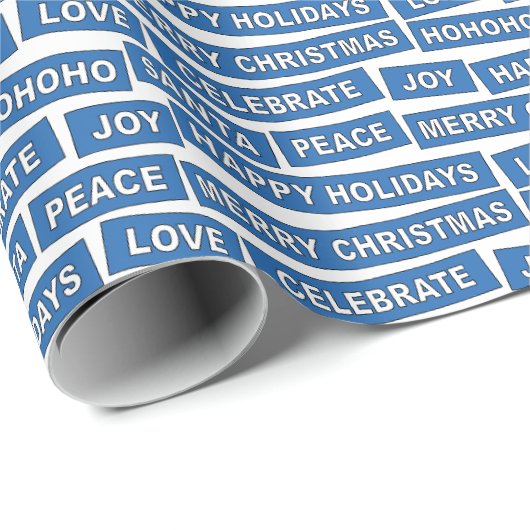 Kerstwoorden blauw en wit inpakpapier (Rol Hoek)